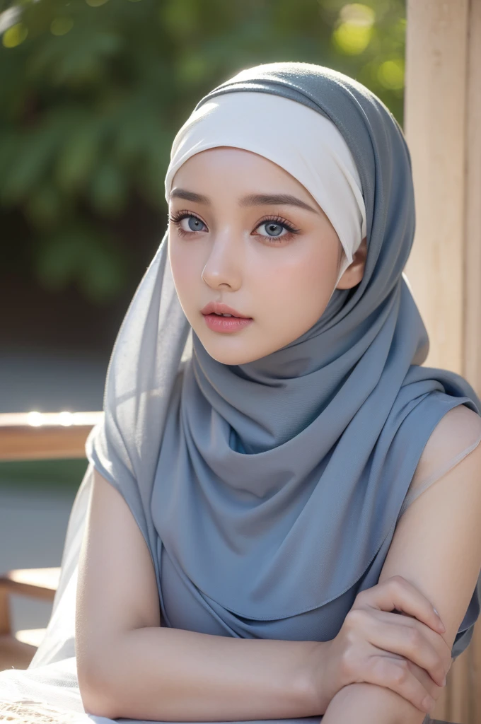 1girl, solo, beautiful face, high detailed realistic eyes, double eyelids, high detailed realistic pupils, (upon body from head to waist:1.36), (wearing hijab:1.37), (moslem headscarf:1.37), reading glasses, sitting alone on a long chair, amazing mosque park background, taj mahal, best quality, masterpiece, highres, black and white moslem female dress, Beautiful face, (upon body from head to waist:1.35), tyndall effect, photorealistic, dark studio, two tone lighting, 8k uhd, dslr, soft lighting, high quality, volumetric lighting, candid, Photograph, high resolution, 4k, 8k, Bokeh, (hyperrealistic girl), (illustration), (high resolution), (extremely detailed), (best illustration), (beautiful detailed eyes), (best quality), (ultra-detailed), (masterpiece), (wallpaper), (photorealistic), (natural light), (rim lighting), (detailed face), (high detailed realistic skin face texture), (anatomically correct), (heterochromic eyes), (detailed eyes), (sparkling eyes), (dynamic pose), (hair completely covered by the hijab:1.35), looking to viewer