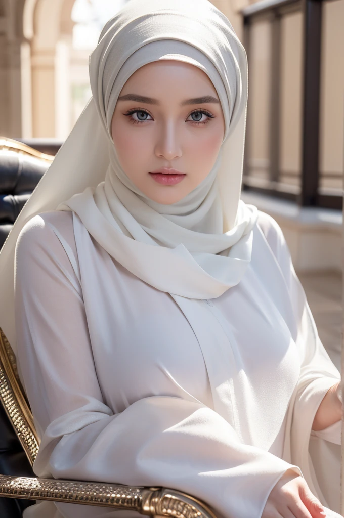 1girl, solo, beautiful face, high detailed realistic eyes, double eyelids, high detailed realistic pupils, (upon body from head to waist:1.36), (wearing hijab:1.37), (moslem headscarf:1.37), reading glasses, sitting alone on a long chair, amazing mosque park background, taj mahal, best quality, masterpiece, highres, black and white moslem female dress, Beautiful face, (upon body from head to waist:1.35), tyndall effect, photorealistic, dark studio, two tone lighting, 8k uhd, dslr, soft lighting, high quality, volumetric lighting, candid, Photograph, high resolution, 4k, 8k, Bokeh, (hyperrealistic girl), (illustration), (high resolution), (extremely detailed), (best illustration), (beautiful detailed eyes), (best quality), (ultra-detailed), (masterpiece), (wallpaper), (photorealistic), (natural light), (rim lighting), (detailed face), (high detailed realistic skin face texture), (anatomically correct), (heterochromic eyes), (detailed eyes), (sparkling eyes), (dynamic pose), (hair completely covered by the hijab:1.35), looking to viewer