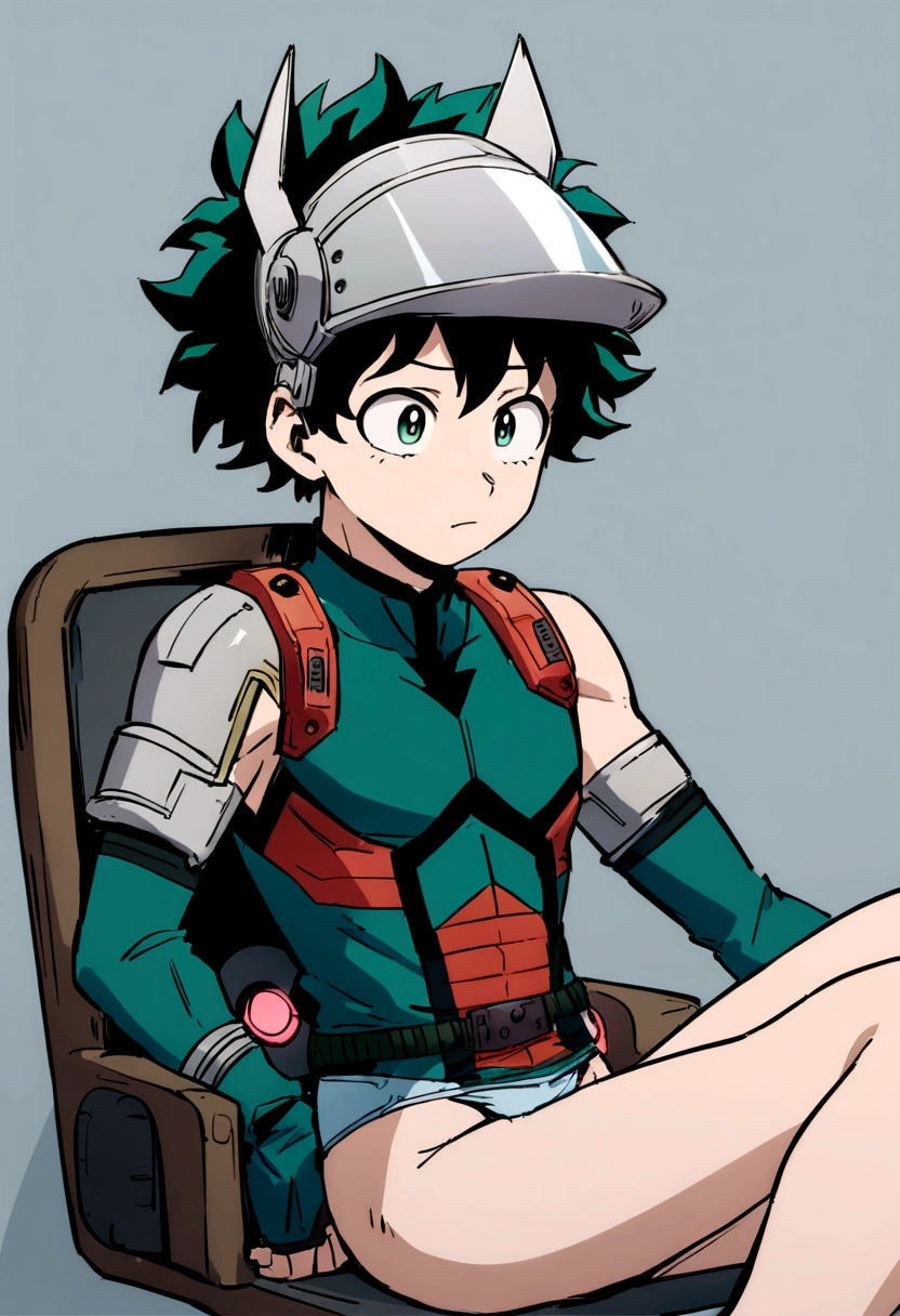 (masterpiece, best quality:1.2), solo, male focus, 1boy, midoriya izuku, short green hair, green eyes, wearing only briefs, teenager, toned slender body, domed helmet with visor, mind control device, blank expression, relaxed body posture, sitting in chair, anime style, my hero academia style