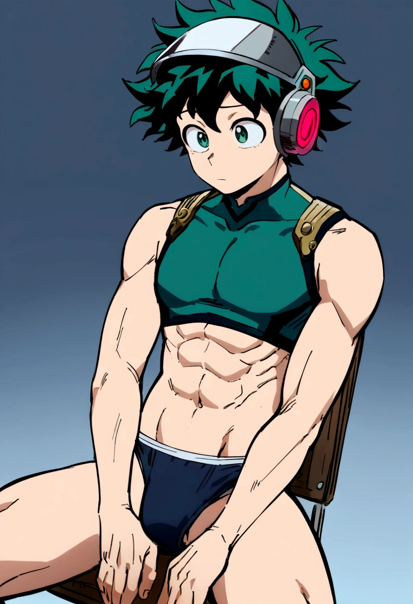 (masterpiece, best quality:1.2), solo, male focus, 1boy, midoriya izuku, short green hair, green eyes, wearing only briefs, ager, toned slender body, domed helmet with visor, mind control device, blank expression, relaxed body posture, sitting in chair, anime style, my hero academia style