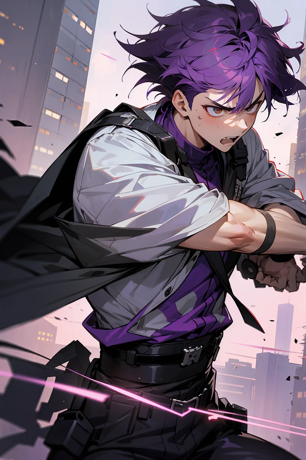 1male , Messy Hair , Angry Expression , Purple Hair , Undercut Hair , Combat Clothing , Yukata , Modern City Background