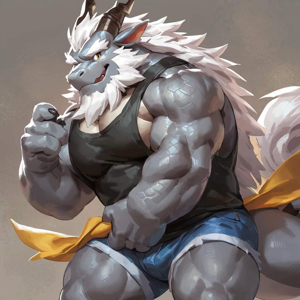 (artist: noku13456, jacketbear, dangpa, null-ghost, lindong, takahirosit),male, sfw, eastern dragon, , bara, big chest, simple bg, one fluffy tail, old man, fluffy mane, , grey body, white hair, solo, scales, detailed scales, tank top, jeans shorts, dragon horns, yellow iris, big eyes, white beard, fluffy hair, detailed face:2.0, one tail, masterpiece:2.0, perfect eyes:2.0, good anatomy:2.0