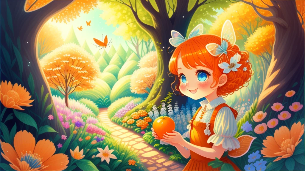 Dreamy garden, trees, flowers, Cute s, light colors hair, blue eyes, gossamer,illustration, A masterpiece in bright light, stunning art! The art of magic, fairy tale artwork, inspiring art, exquisite artwork high quality、In a beautiful forest、Open your mouth、smile、The fairies dance、Orange Hair