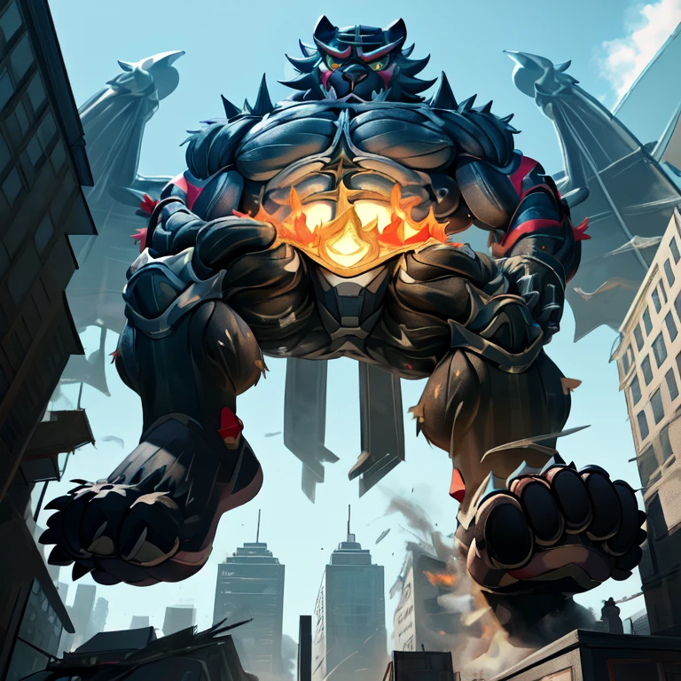 (masterpiece. official art. 8k. best quality. detailed full body. full body.)

(situation 1 : dominating Incineroar. Muscular Incineroar is trampling the CITY. macro. stomp. Low-angle perspective. emphasizing the immense size. The perspective is from below, emphasizing the sheer majesty and power of the Giant. giant art. He is much bigger than a skyscraper. Giga Giants. micro soccer field. looking down.)

(situation 2 :smoke and flames rising from the destruction in the city)

(Additional details 1: wearing a full-face helmet. helmet is jet black. The color of NANOSUIT is jet black. high-tech bio-mecha armor. real texture material. whole body shines like metal. Wearing cyberpunk mecha. emphasizes the muscles. suit fully made of metal. intricate armor. Robotic suit. NANOSUIT with the same design as Incineroar.).

(Additional details 2: (Detailed head. Detailed Body. Detailed abs. gigantic muscles. HYPER MUSCLES. Gigachad Muscular. big muscle. pecs. triceps. traps. unusually developed muscular body. body full of huge muscles. showing off muscles. pectorales enormes. Exaggeratedly huge muscles. huge muscles. long legs.).

(Additional details 3: nj5furry, Spread wings. It has wings. black have big wings. The claws are sharp. ).  ((Incineroar has 5 toes.)) ((5 toes.))