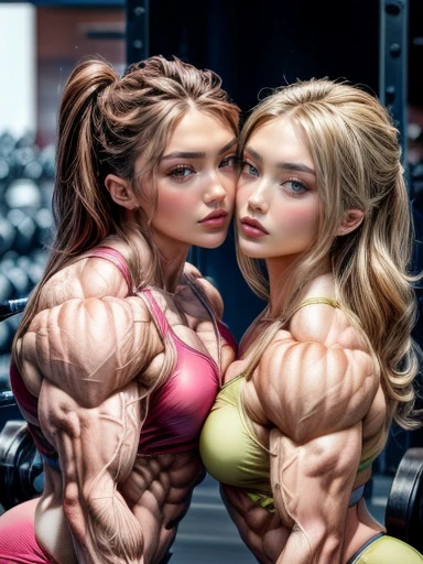two women with muscular bodies posing for a picture in a gym, beautiful sci - fi twins, feminine and muscular, muscular and terrifying, muscular warrior women, steroids, muscular characters, extreme muscles, very beautiful. big muscles, bodybuilding woman, exaggerated physique, muscular bodies, ultra high detail digital art, alena aenami and lilia alvarado, beautiful gemini twins