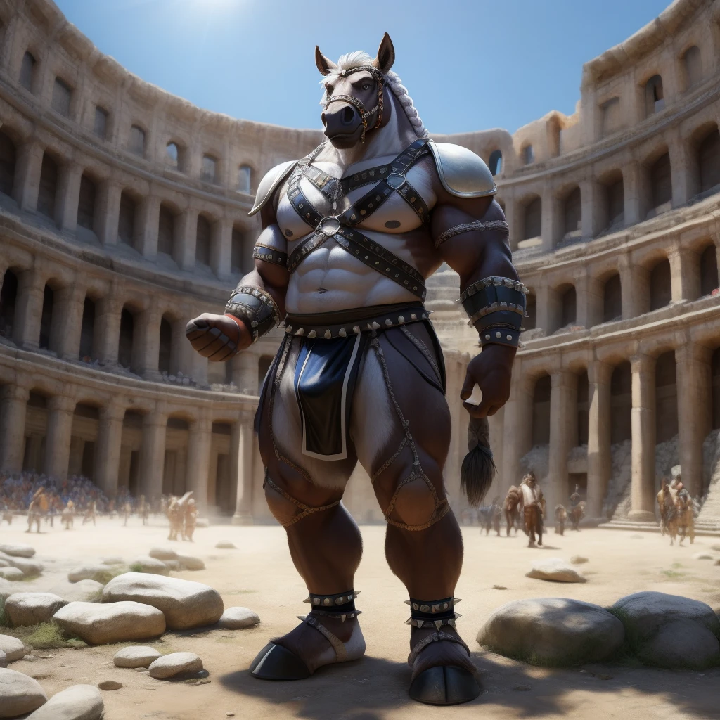 Furry, Kemono, Antropomorphic, humanoid horse, (Color White), Furry Antropometric legs, Hooves, Antro body, Bigg Ass, Male Bulge, Bigg Balls, Full body, Braided Mane, Roman gladiator armor, Gladiator, Black leather harness, Spiked Anklet, White fitted fundoshi, Roman coliseum arena, Blue Pupil Eyes, High Resolution, 4K Detailed, Good Lighting, Beautiful, Photorealistic, Realistic, White Fundoshi, tight loincloth