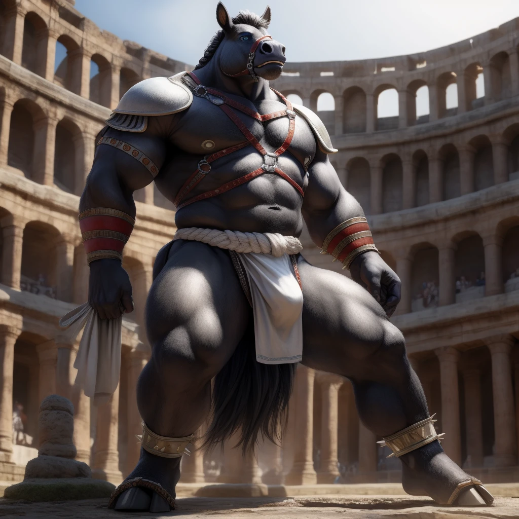 Furry, Kemono, Antropomorphic, humanoid horse, (Color White), Furry Antropometric legs, Hooves, Antro body, Bigg Ass, Male Bulge, Bigg Balls, Full body, Braided Mane, Roman gladiator armor, Gladiator, Black leather harness, Spiked Anklet, White fitted fundoshi, Roman coliseum arena, Blue Pupil Eyes, High Resolution, 4K Detailed, Good Lighting, Beautiful, Photorealistic, Realistic, White Fundoshi, tight loincloth