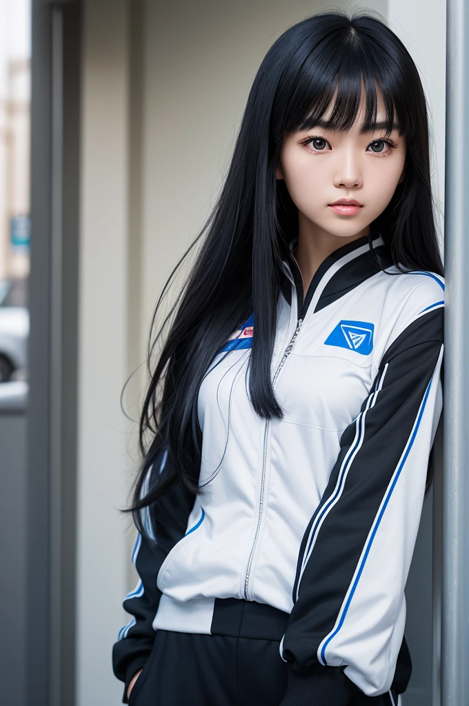 A young, fair-skinned Chinese-American woman, long black hair with bangs, dark blue eyes, tthin eyebrows, thin face and wearing a McLaren uniform 