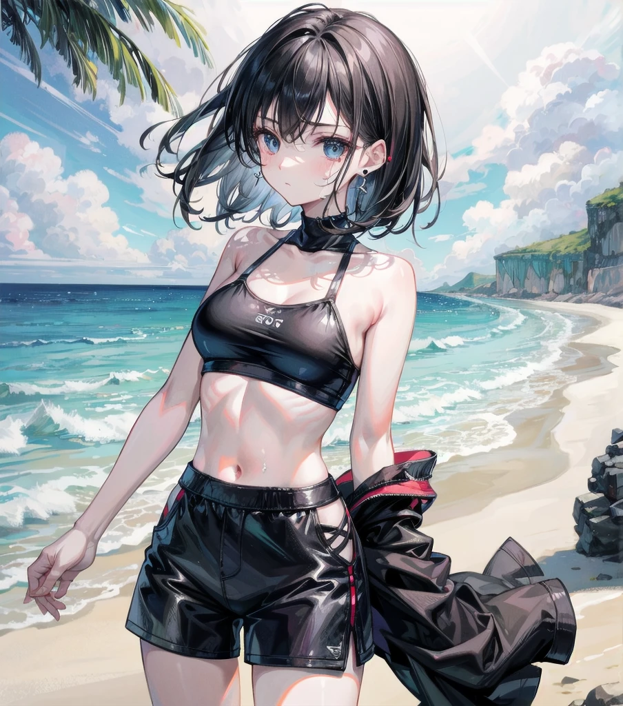 whole body, solo, alone, delicate facial features, medium tits, medium hair, black hair, tearful mole, earring, t-shirt, crop top, Hot Pants, beach,
