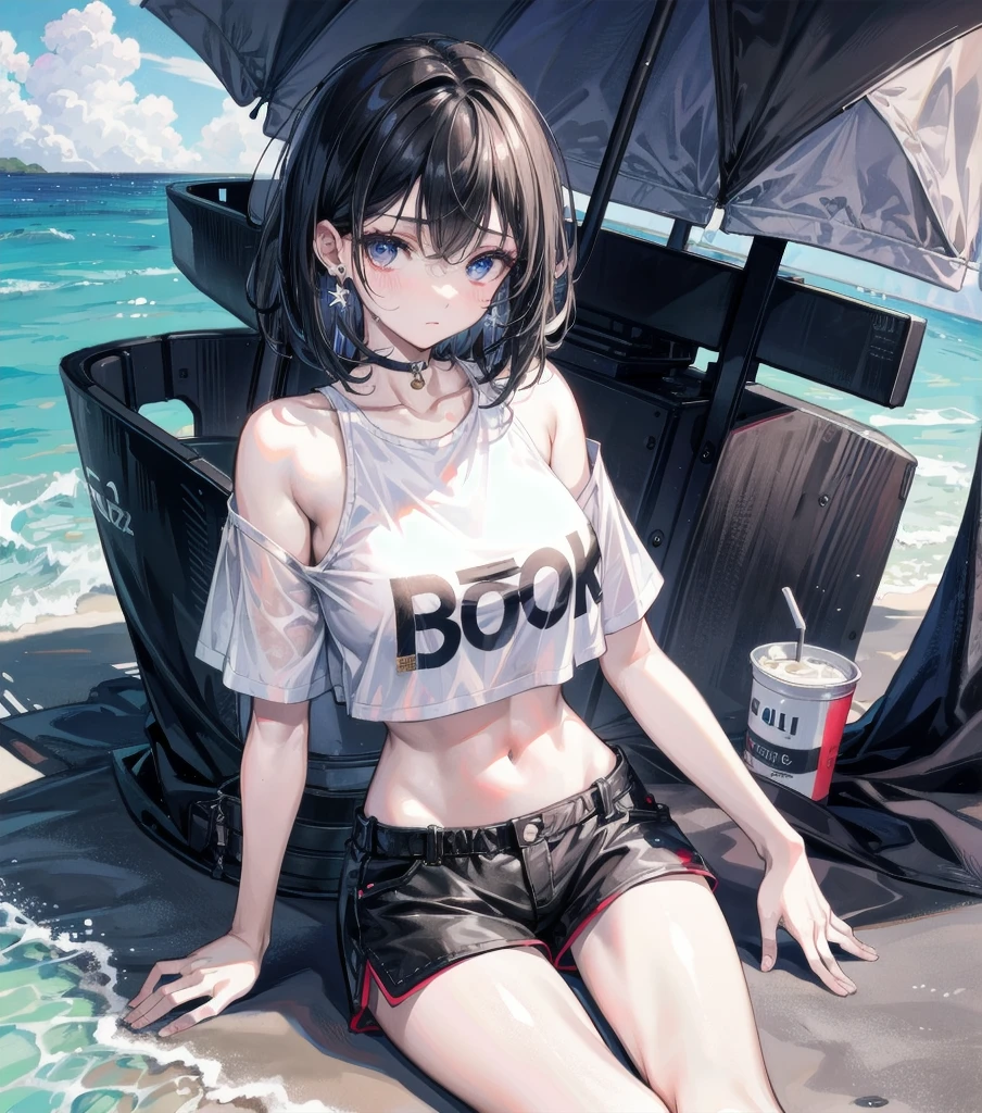 whole body, solo, alone, delicate facial features, medium tits, medium hair, black hair, tearful mole, earring, t-shirt, crop top, Hot Pants, beach,