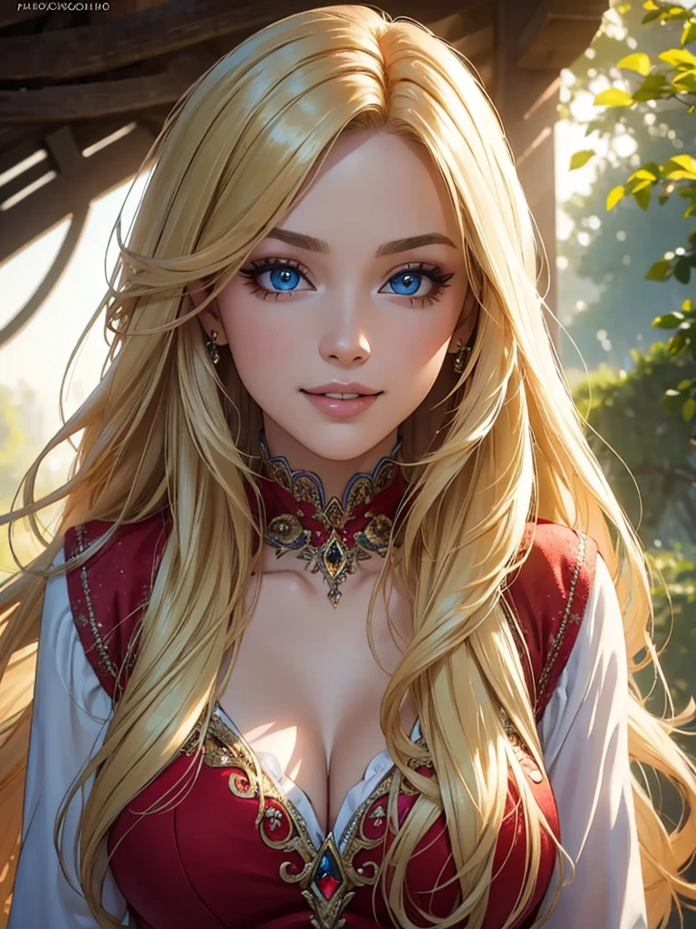 (Best quality,ultra detailed,Photorealistic:1.37),bright and rich colors,studio lighting,playful facial expression,stylish makeup,Long blonde hair fluttering in the wind,inviting eyes,glossy lips,sexy pose, Romantic era, red, I smile confidently and seductively,posing for a professional photo shoot,shallow depth of field,highlighting the main subject,Soft natural light,Creating a dreamy and magical atmosphere.