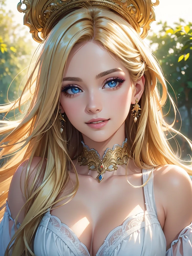 (Best quality,ultra detailed,Photorealistic:1.37),bright and rich colors,studio lighting,playful facial expression,stylish makeup,Long blonde hair fluttering in the wind,inviting eyes,glossy lips,sexy pose, Romantic era, red, I smile confidently and seductively,posing for a professional photo shoot,shallow depth of field,highlighting the main subject,Soft natural light,Creating a dreamy and magical atmosphere.