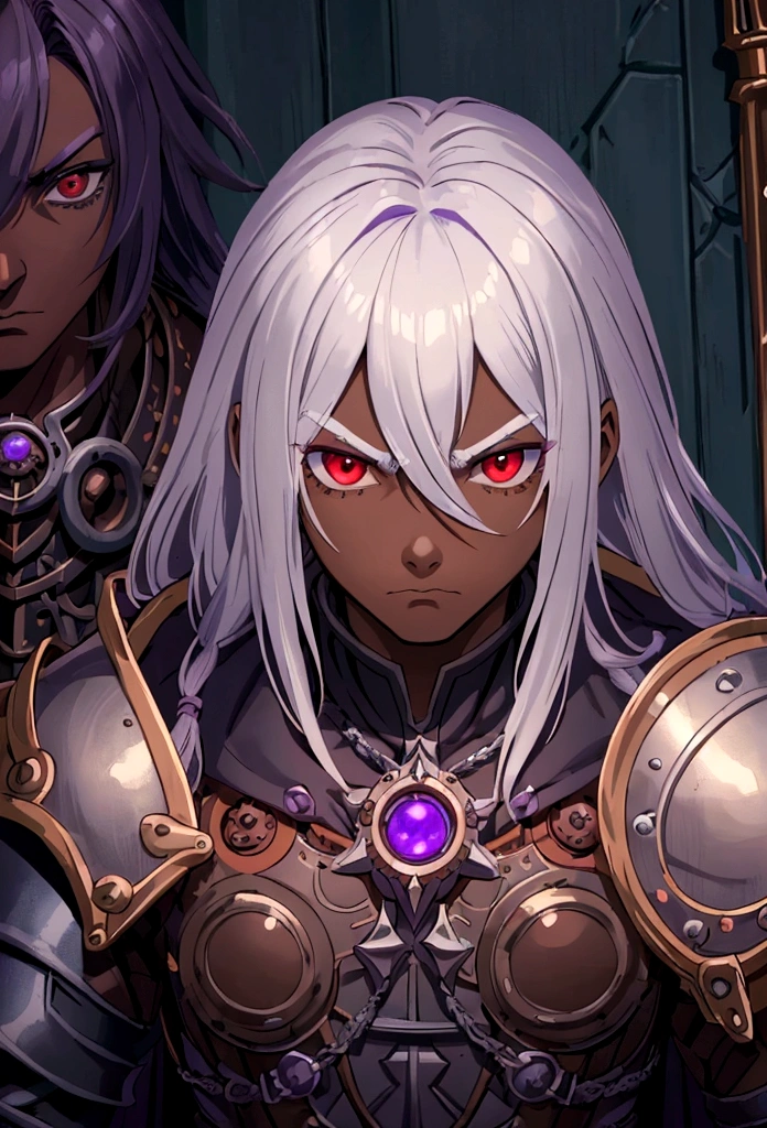 ((best quality)), ((masterpiece)), (detailed), ((boy)),, (dungeonpunk), (steampunk), half-drow, portrait, red eyes, long white hair, Xemnas from Kingdom Hearts, half-drow, brown skin with a purple hue, (full knight armor), paladin, serious faces, by Kinema Citrus