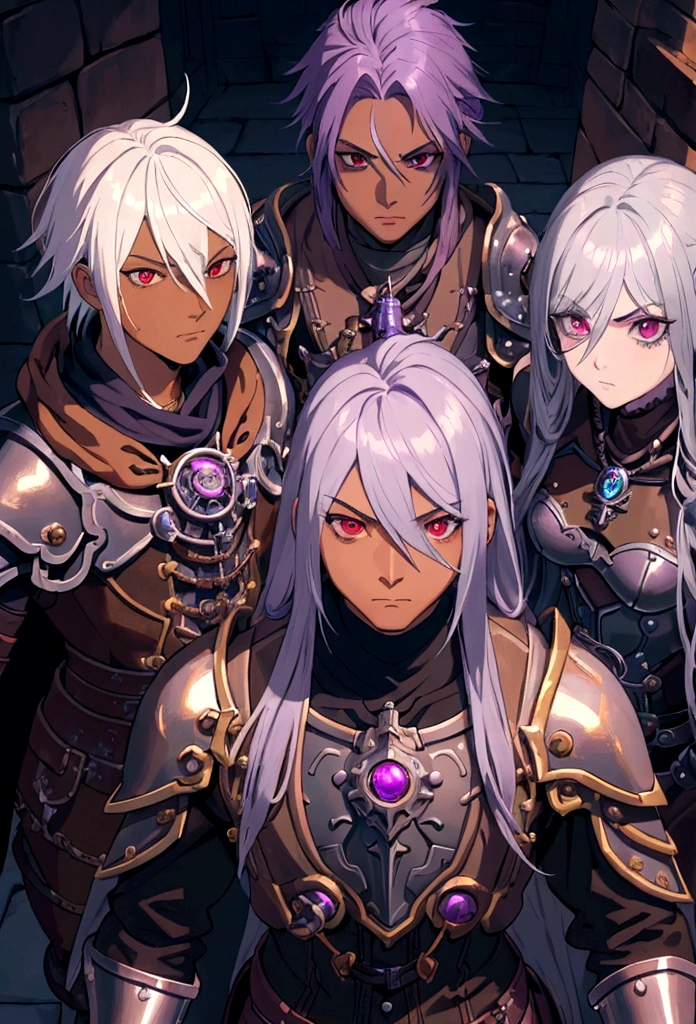 ((best quality)), ((masterpiece)), (detailed), ((boy)),, (dungeonpunk), (steampunk), half-drow, portrait, red eyes, long white hair, Xemnas from Kingdom Hearts, half-drow, brown skin with a purple hue, (full knight armor), paladin, serious faces, by Kinema Citrus