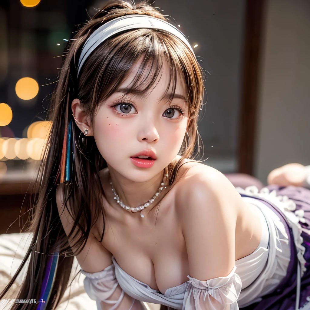 NSFW, 8k, High-level, absurd, masterpiece, best quality, primitive, very detailed CG, very detailed wallpaper, perfect lighting, Extremely detailed (((The personifying " Girl with a Pearl Earring " as a ))), MysticSight, Tyndall effect, Tyndall scattering, Studio gray background with (many Dazzling RainbowColor particles BokeH:1.28), (RoundlyButts, ThighGap), (Exposed:0.4), (Assfocus with looking ahead), BREAK (NOGIZAKA face variations) Extremely Detailed very KAWAII face variations, perfect anatomy, Childish, captivating gaze, elaborate detailed Eyes with (sparkling highlights:1.28), long eyelashes、Glossy RED Lips with beautiful details, Coquettish tongue, Rosy cheeks, Radiant PearlSkin with clear transparency . { (Dynamic LifeLike expressions:1.4) | :d) }, (large eyes:-1) .