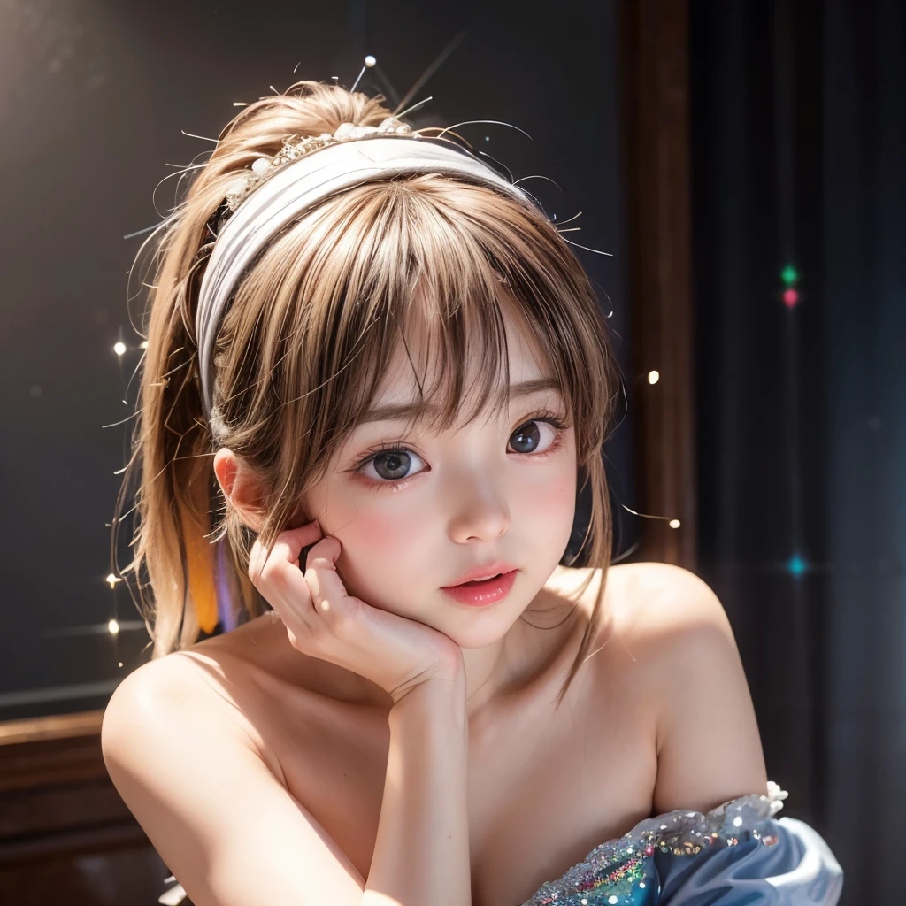 NSFW, 8k, High-level, absurd, masterpiece, best quality, primitive, very detailed CG, very detailed wallpaper, perfect lighting, Extremely detailed (((The personifying " Girl with a Pearl Earring " as a Little Girl))), MysticSight, Tyndall effect, Tyndall scattering, Studio gray background with (many Dazzling RainbowColor particles BokeH:1.28), (RoundlyButts, ThighGap), (Exposed:0.4), (Assfocus with looking ahead), BREAK (NOGIZAKA face variations) Extremely Detailed very KAWAII face variations, perfect anatomy, Childish, captivating gaze, elaborate detailed Eyes with (sparkling highlights:1.28), long eyelashes、Glossy RED Lips with beautiful details, Coquettish tongue, Rosy cheeks, Radiant PearlSkin with clear transparency . { (Dynamic LifeLike expressions:1.4) | :d) }, (large eyes:-1) .
