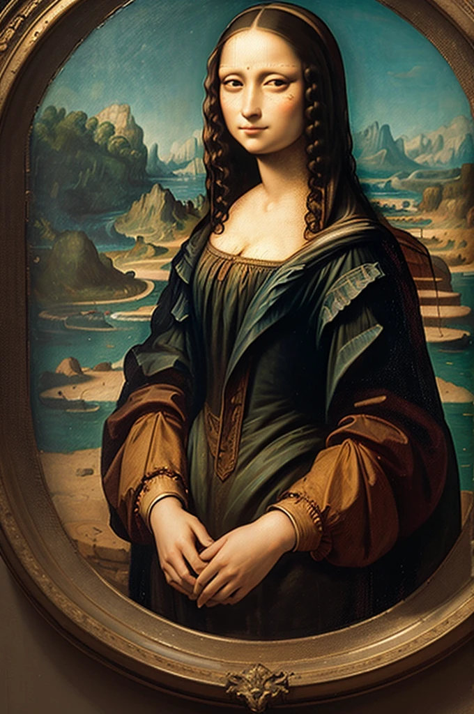 1 painting with the image of 1 hydraulic excavator and the Mona Lisa