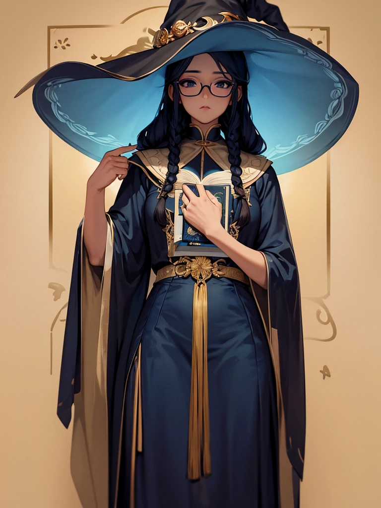 A black girl, with blue braids, who wears glasses, carrying books in hands, with manhwa style witch uniform