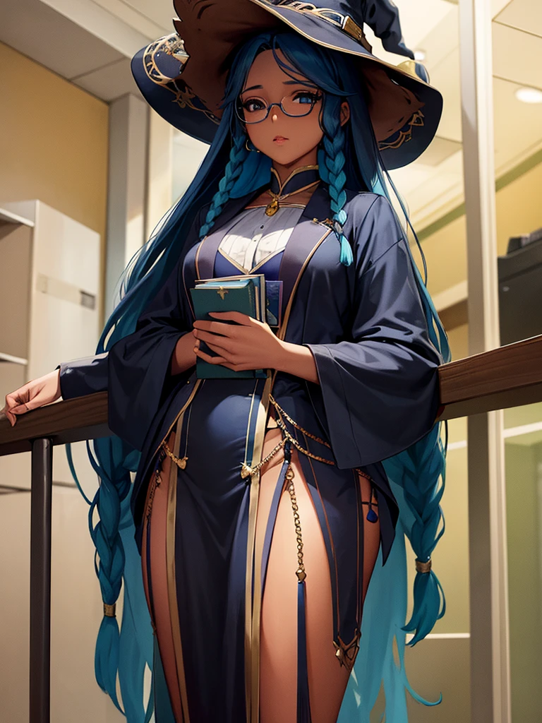 A black girl, with blue braids, who wears glasses, carrying books in hands, with manhwa style witch uniform
