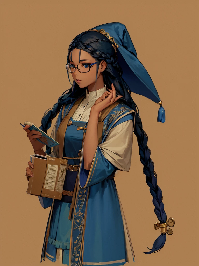 A black girl, with blue braids, who wears glasses, carrying books in hands, with manhwa style witch uniform