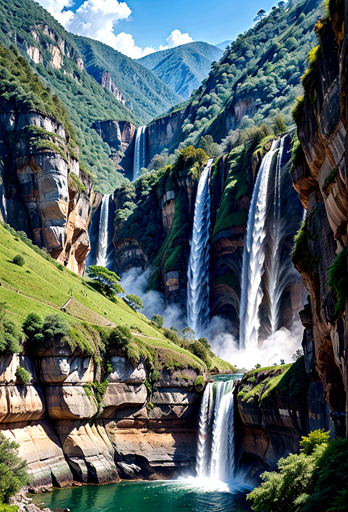 A majestic waterfall cascading into a lush green valley