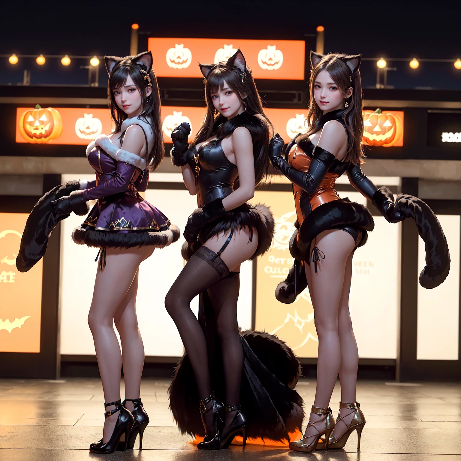 masterpiece, top-quality, top-quality, Beautifully Aesthetic:1.2, ((3girls)), Halloween night, 
((Middle girl is Wearing a high-quality Black Cat costume of fur, gloves of Cat, fur miniskirt):1.2), high detailed, 
((Left girl is Wearing a high-quality Red Cat costume of fur, gloves of Cat, fur miniskirt):1.2), high detailed, 
((Right girl is Wearing a high-quality Blue Cat costume of fur, gloves of Cat, fur miniskirt):1.2), high detailed, 
(Three girls are standing side by side in a neat line:1.3), large breasts, firm breast, nicely shaped breasts, slender figure, 
((Dark Brown Hair)), wavy hair, (medium long hair:1.2), 
((At the middle of very crowded Shibuya Scramble Crossing decorated with Halloween decorations at late night:1.2)), ((Surrounded by many people dancing for Three girls)), (Full body shot:1.1), (From side:1.3), (Looking at viewer),