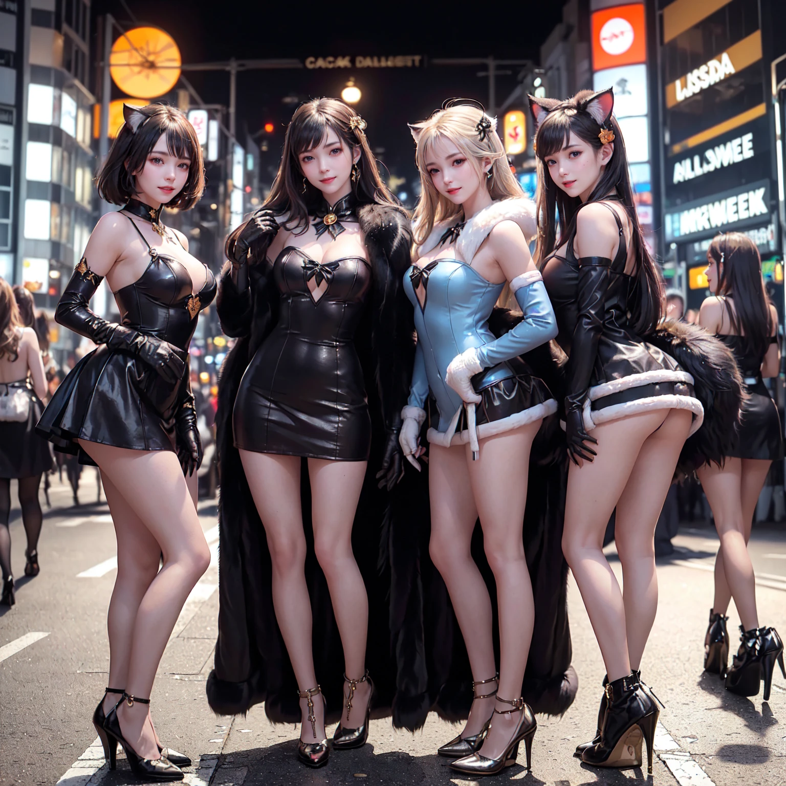 masterpiece, top-quality, top-quality, Beautifully Aesthetic:1.2, ((3girls)), Halloween night, 
((Middle girl is Wearing a high-quality Black Cat costume of fur, gloves of Cat, fur miniskirt):1.2), high detailed, 
((Left girl is Wearing a high-quality Red Cat costume of fur, gloves of Cat, fur miniskirt):1.2), high detailed, 
((Right girl is Wearing a high-quality Blue Cat costume of fur, gloves of Cat, fur miniskirt):1.2), high detailed, 
(Three girls are standing side by side in a neat line:1.3), large breasts, firm breast, nicely shaped breasts, slender figure, 
((Dark Brown Hair)), wavy hair, (medium long hair:1.2), 
((At the middle of very crowded Shibuya Scramble Crossing decorated with Halloween decorations at late night:1.2)), ((Surrounded by many people dancing for Three girls)), (Full body shot:1.1), (From side:1.3), (Looking at viewer),