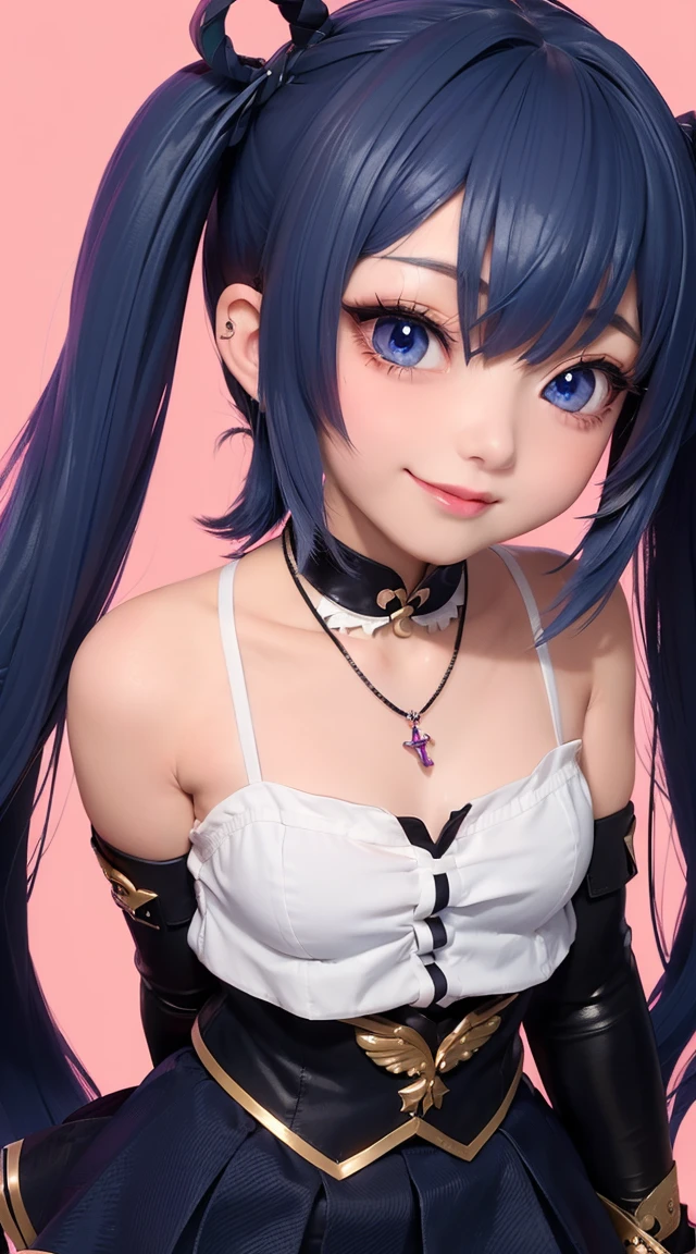 (masterpiece:1.3), (Best Quality:1.3), (Ultra-detailed:1.2), ((kawaii)), Cute, (lovely), ((sexy)), ((Extremely detailed)), 4K, (8K), Best Quality, (Beautiful), Illustration, anime style, (bold line:1.2), Gradation, looking at viewer, //, (bent down:1.1), (arms behind back), //, a cute girl, 1girl, (solo:1.2), gleaming skin, //, (flat chested), (Perfect eyes:1.2), (Perfect iris:1.2), //, darkblue hair color, (beautiful eyes) //, (half closed eyes:1.3), (sexual expression:1.2), Fascinated expression, smile, (blush:1.2), //, modern city background, on rock, twin tails, muscle girl, hard abs, exposed abs, NECKLACE, tight blouse, skirt