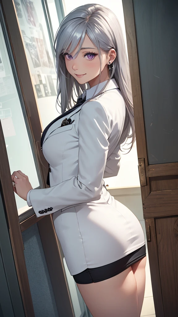 (masterpiece:1.2, top-quality), (realistic, photorealistic:1.4), beautiful illustration, (natural side lighting, movie lighting),
looking at viewer, cowboy shot, front view, 1 girl, japanese, high school girl, perfect face, cute and symmetrical face, shiny skin, babyface,
(long hair, straight hair, silver hair), hair between eyes, purple eyes, (middle breasts, seductive thighs, big ass), piercings,
beautiful hair, beautiful face, beautiful detailed eyes, beautiful clavicle, beautiful body, beautiful chest, beautiful thigh, beautiful legs, beautiful fingers,
((long sleeves, white collared shirt, black suit jacket, black pencil mini skirt), id card, strap, black high heels),
(beautiful scenery), evening, park, walking, (lovely smile, upper eyes), big tits, ((high resolution face)), plump, (((ass))), (((low angle shot))), (((back)))