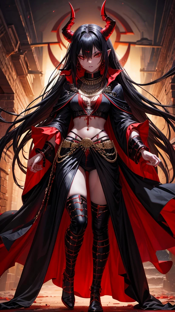 A red skin demon woman, black horns, black robe with red accents and gold chains, black open pants layering over a red shorts, full bodied, full black background, full body view, 4k, highly detailed