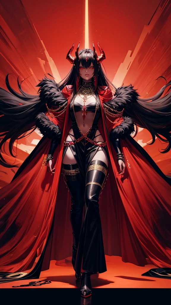 A red skin demon woman, black horns, black robe with red accents and gold chains, black open pants layering over a red shorts, full bodied, full black background, full body view, 4k, highly detailed