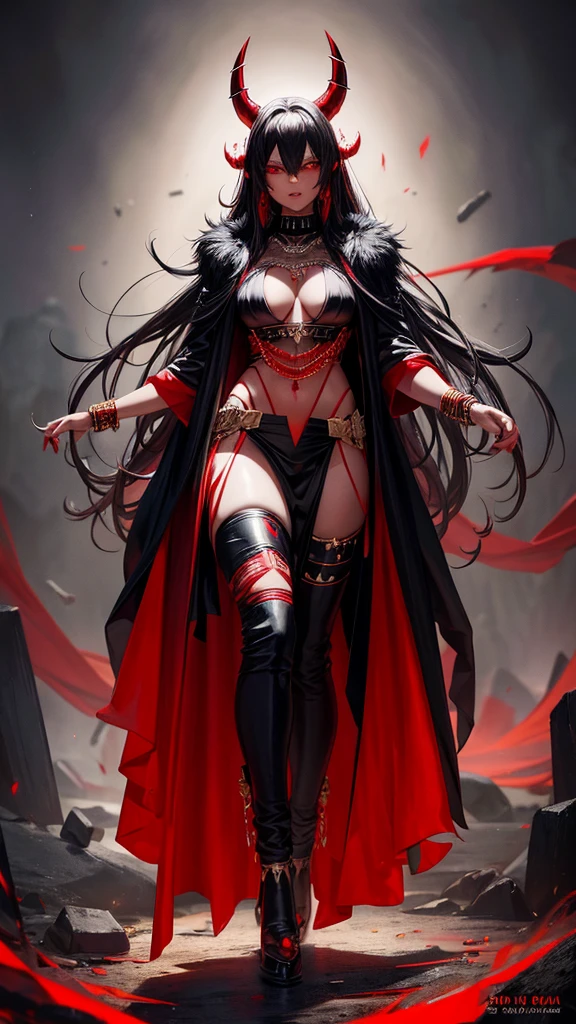 A red skin demon woman, black horns, black robe with red accents and gold chains, black open pants layering over a red shorts, full bodied, full black background, full body view, 4k, highly detailed