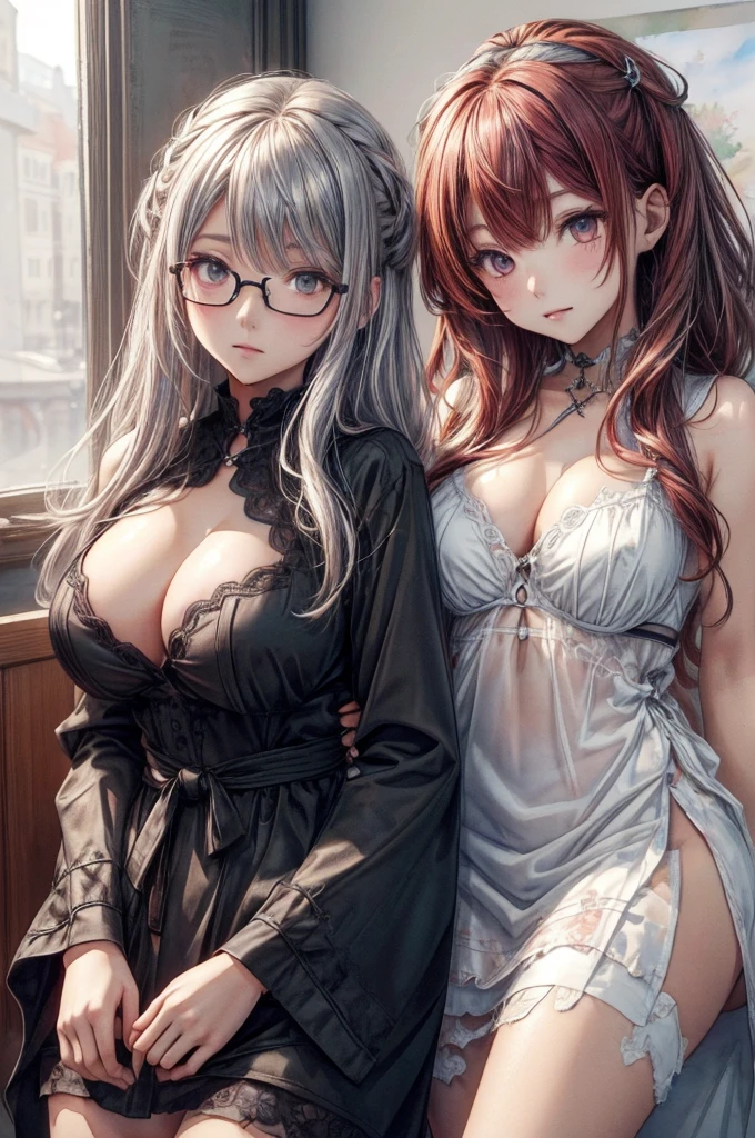 ((Sketch)), ((Watercolor)),((best quality)) ((best quality)), ((masterpiece)), (detailed), HD, Highly Detailed, 4k image, anime style, beautiful young girl, tanned white skin, waist-length silver-red colored hair wirh red highlights at the edges, soft facial features, heterochromatic eyes(left eye: silver)(right eye: red), gothic sundress, cherry red plump lips, large E-cup breasts, short height(150cm). wide hips and large round ass, silver round-frame glasses