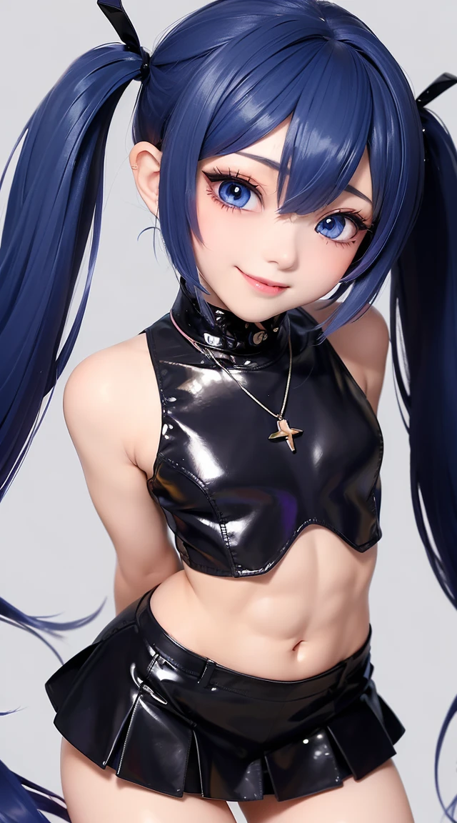  (masterpiece:1.3), (Best Quality:1.3), (Ultra-detailed:1.2), ((kawaii)), Cute, (lovely), ((sexy)), ((Extremely detailed)), 4K, (8K), Best Quality, (Beautiful), Illustration, anime style, (bold line:1.2), Gradation, looking at viewer, //, (bent down:1.1), (arms behind back), //, a cute girl, 1girl, (solo:1.2), gleaming skin, //, (flat chested), (Perfect eyes:1.2), (Perfect iris:1.2), //, darkblue hair color, (beautiful eyes) //, (half closed eyes:1.3), (sexual expression:1.2), Fascinated expression, smile, (blush:1.2), //, modern city background, on rock, twin tails, muscle girl, hard abs, exposed abs, NECKLACE, tight blouse, skirt