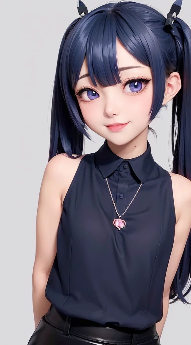 (masterpiece:1.3), (Best Quality:1.3), (Ultra-detailed:1.2), ((kawaii)), Cute, (lovely), ((sexy)), ((Extremely detailed)), 4K, (8K), Best Quality, (Beautiful), Illustration, anime style, (bold line:1.2), Gradation, looking at viewer, //, (bent down:1.1), (arms behind back), //, a cute girl, 1girl, (solo:1.2), gleaming skin, //, (flat chested), (Perfect eyes:1.2), (Perfect iris:1.2), //, darkblue hair color, (beautiful eyes) //, (half closed eyes:1.3), (sexual expression:1.2), Fascinated expression, smile, (blush:1.2), //, modern city background, on rock, twin tails, muscle girl, hard abs, exposed abs, NECKLACE, tight blouse, skirt