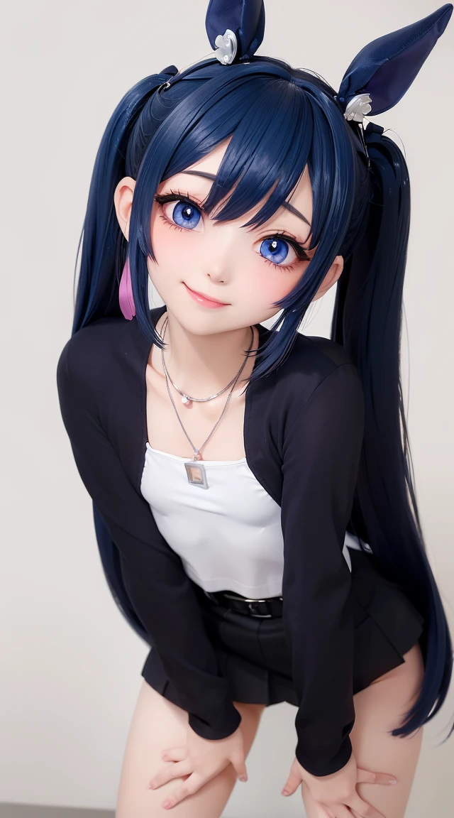  (masterpiece:1.3), (Best Quality:1.3), (Ultra-detailed:1.2), ((kawaii)), Cute, (lovely), ((sexy)), ((Extremely detailed)), 4K, (8K), Best Quality, (Beautiful), Illustration, anime style, (bold line:1.2), Gradation, looking at viewer, //, (bent down:1.1), (arms behind back), //, a cute girl, 1girl, (solo:1.2), gleaming skin, //, (flat chested), (Perfect eyes:1.2), (Perfect iris:1.2), //, darkblue hair color, (beautiful eyes) //, (half closed eyes:1.3), (sexual expression:1.2), Fascinated expression, smile, (blush:1.2), //, modern city background, on rock, twin tails, muscle girl, hard abs, exposed abs, NECKLACE, tight blouse, skirt