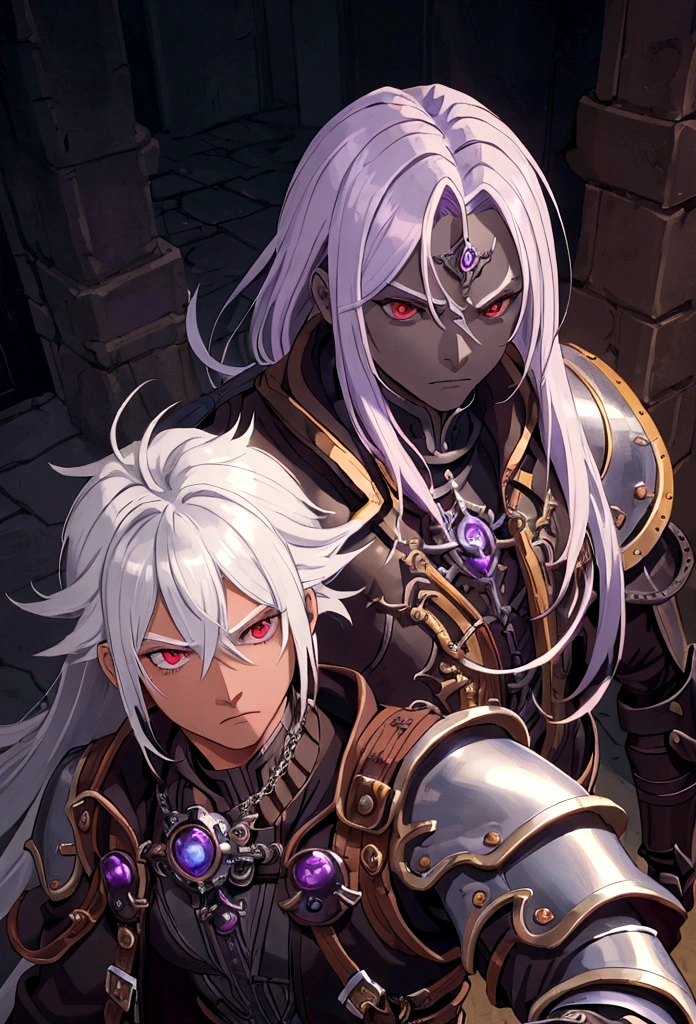 ((best quality)), ((masterpiece)), (detailed), ((boy)),, (dungeonpunk), (steampunk), half-drow, portrait, red eyes, long white hair, Xemnas from Kingdom Hearts, half-drow, brown skin with a purple hue, (full knight armor), paladin, serious faces, by Kinema Citrus