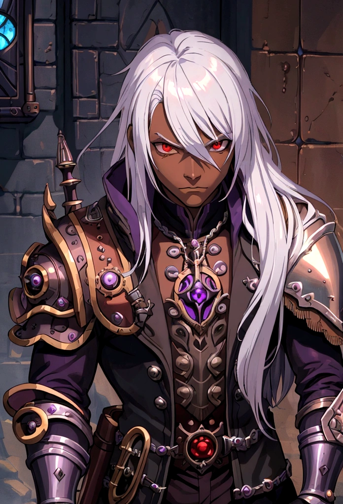 ((best quality)), ((masterpiece)), (detailed), ((boy)),, (dungeonpunk), (steampunk), half-drow, portrait, red eyes, long white hair, Xemnas from Kingdom Hearts, half-drow, brown skin with a purple hue, (full knight armor), paladin, serious faces, by Kinema Citrus