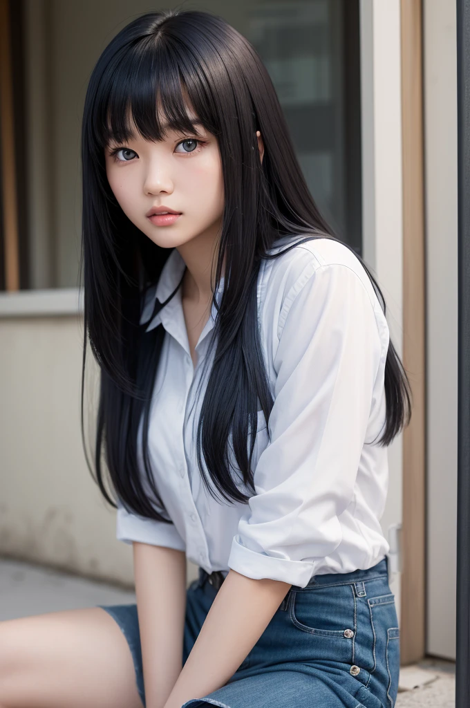 A young Asian woman with fair skin, long black hair with bangs, dark blue eyes, and who wears a Marlboro uniform 