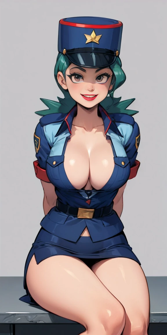 Jenny-pokemon, goregous police woman, sitting, perfect legs, ((arms behind back)), unbutton shirt, busty, colossal cleavage, lipstick, smiling, police cap, ((plain background:1.3))