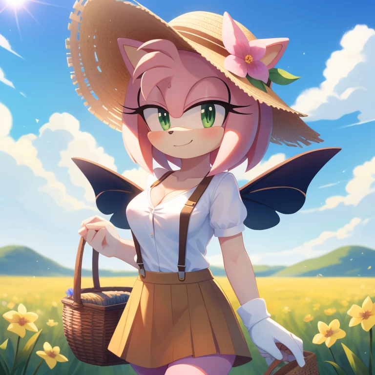 (((Amy Rose))), pink fur, green eyes, pink hair, 1girl, solo, flower, butterfly, long wavy hair, skirt, outdoors, hair flower, field, hair ornament, shirt, hat, basket, smile, short sleeves, white shirt, cloud, flower field, sky, yellow skirt, brown headwear, closed mouth, holding, day, holding basket, suspenders, looking at viewer, cloudy sky, breasts, standing, collarbone, pink flower, medium breasts, sun hat, straw hat, blush, floral print, suspender skirt, cowboy shot, blue sky, wind, brown skirt, floating hair, puffy sleeves, grass, yellow flower, puffy short sleeves, upper body, butterfly wings, shirt tucked in, Akami Mirai, (((anime art style))), (((HD))), (((High quality))), (((masterpiece))), (((4k))), (((correct anatomy))), (((professional quality)))