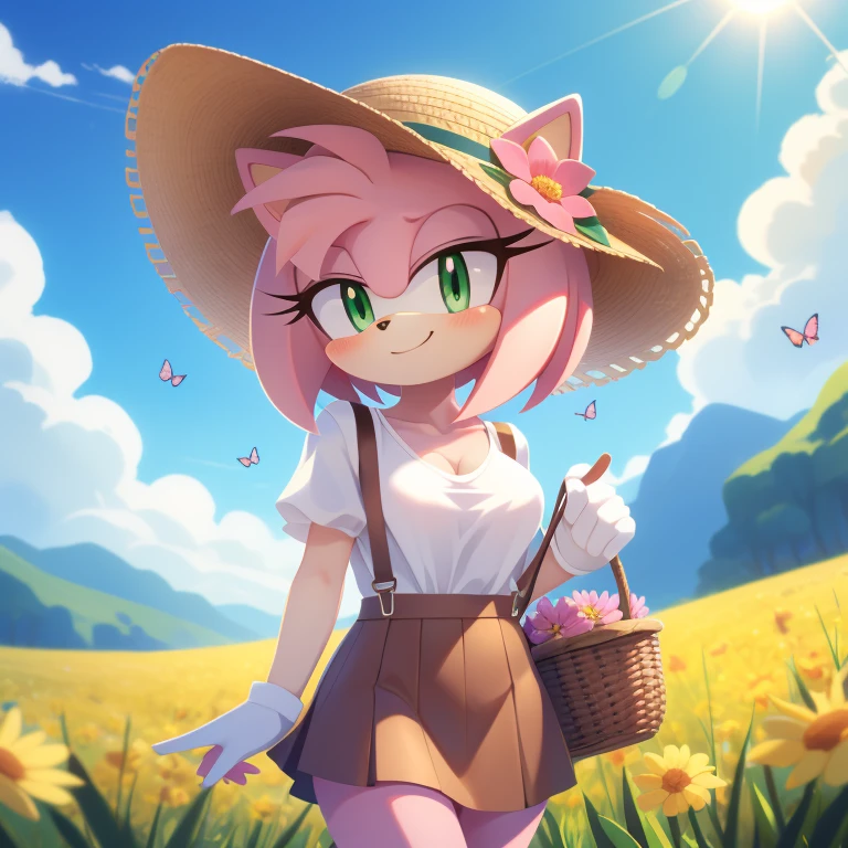 (((Amy Rose))), pink fur, green eyes, pink hair, 1girl, solo, flower, butterfly, long wavy hair, skirt, outdoors, hair flower, field, hair ornament, shirt, hat, basket, smile, short sleeves, white shirt, cloud, flower field, sky, yellow skirt, brown headwear, closed mouth, holding, day, holding basket, suspenders, looking at viewer, cloudy sky, breasts, standing, collarbone, pink flower, medium breasts, sun hat, straw hat, blush, floral print, suspender skirt, cowboy shot, blue sky, wind, brown skirt, floating hair, puffy sleeves, grass, yellow flower, puffy short sleeves, upper body, butterfly wings, shirt tucked in, Akami Mirai, (((anime art style))), (((HD))), (((High quality))), (((masterpiece))), (((4k))), (((correct anatomy))), (((professional quality)))
