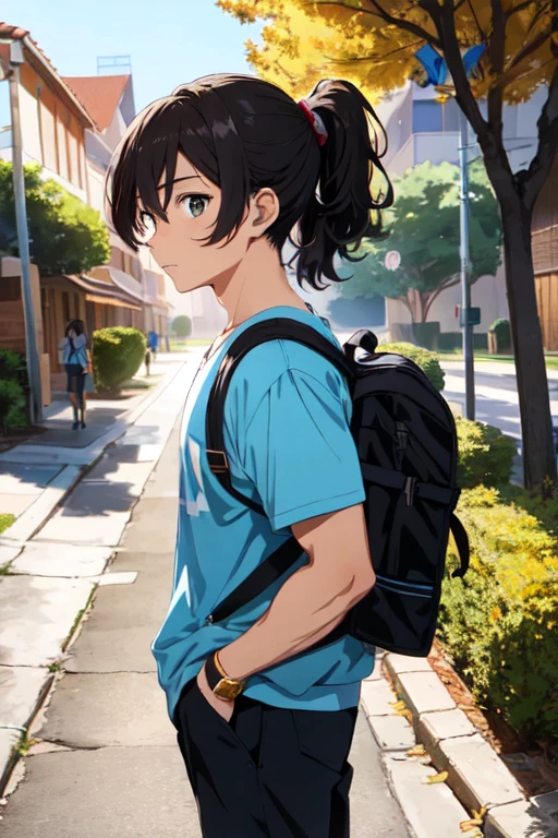 25 year old man with Brazilian features, specifically Bahian brunette, steps towards the college entrance, adorned in formal attire. The sun sets, casting a golden hue over the college grounds. (From a side angle), In the style of anime, his dark curly hair is accentuated against the vibrant backdrop of the college. (Subtle details), A backpack, resting on his shoulder, adds a touch of authenticity. (Dynamic Angle), Influenced by the anime art of mangá-inspired artists like Angelo Bernardo and Fabio Moon, the scene exudes the urban atmosphere of a bustling college campus. (Inspired by anime artists), The