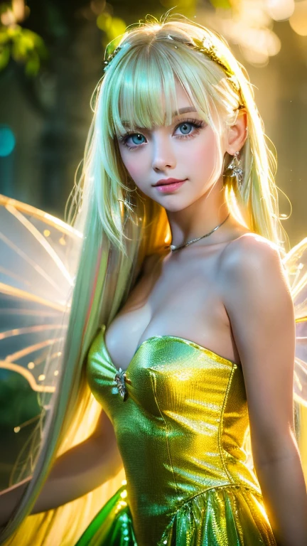 A light smile、night、Live Shooting、(((Portraits of extreme beauty)))、((Glowing Skin))、1 girl、Beautiful 21 year old girl from Prague as tinkerbelle 、tinkerbelle green dress with fairy wings,((Bright platinum blonde hair))、[blue eyes]、Shiny, glossy skin、Silky super long straight hair、eyeliner、Bangs are long、Hair between the eyes、Dancing Hair、((masterpiece、最high quality、Super detailed、Film Light、Intricate details、High resolution、8K、Very detailed))、Detailed Background、8K UHD、Digital SLR、Soft Light、high quality、Film Grain、Fuji XT3 、Shallow depth of field、Natural light、（hand talk）、Looking up、Droopy eyes、