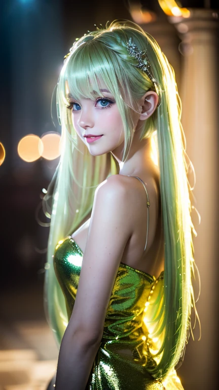 A light smile、night、Live Shooting、(((Portraits of extreme beauty)))、((Glowing Skin))、1 girl、Beautiful 21 year old girl from Prague as tinkerbelle 、tinkerbelle green dress with fairy wings,((Bright platinum blonde hair))、[blue eyes]、Shiny, glossy skin、Silky super long straight hair、eyeliner、Bangs are long、Hair between the eyes、Dancing Hair、((masterpiece、最high quality、Super detailed、Film Light、Intricate details、High resolution、8K、Very detailed))、Detailed Background、8K UHD、Digital SLR、Soft Light、high quality、Film Grain、Fuji XT3 、Shallow depth of field、Natural light、（hand talk）、Looking up、Droopy eyes、
