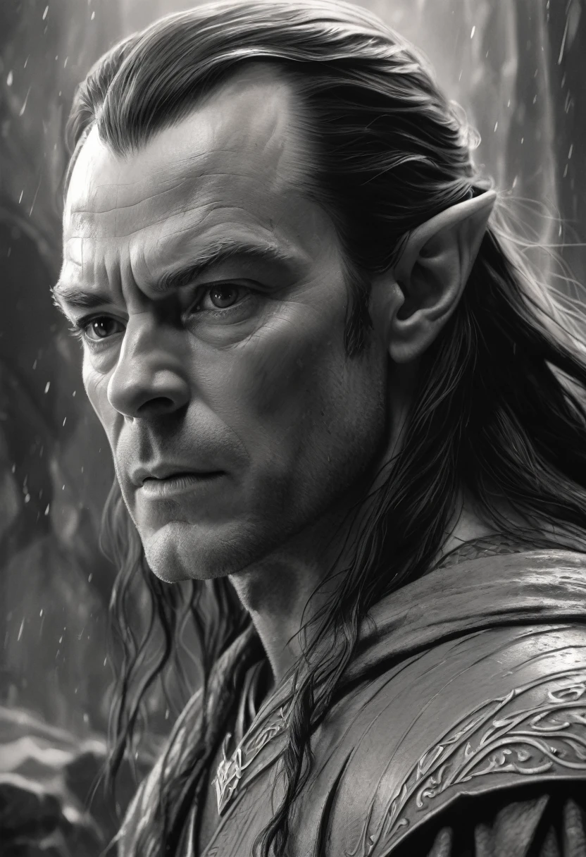 stunning black and white graphite sketch of Elrond, up close shot, from The Lord Of The Rings trilogy, in dynamic pose, by Anna Razumovskay, (by Alyssa Monks:1.1), by Joseph Lorusso, by Lilia Alvarado, beautiful lighting, sharp focus, 8k, high res, (pores:0.1), (sweaty:0.8), Masterpiece, Nikon Z9, Award - winning photograph, --ar 16:9 --style raw --stylize 750 --niji 6, perfect composition, beautiful detailed intricate insanely detailed octane render trending on artstation, 8 k artistic photography, photorealistic concept art, soft natural volumetric cinematic perfect, wide angle view