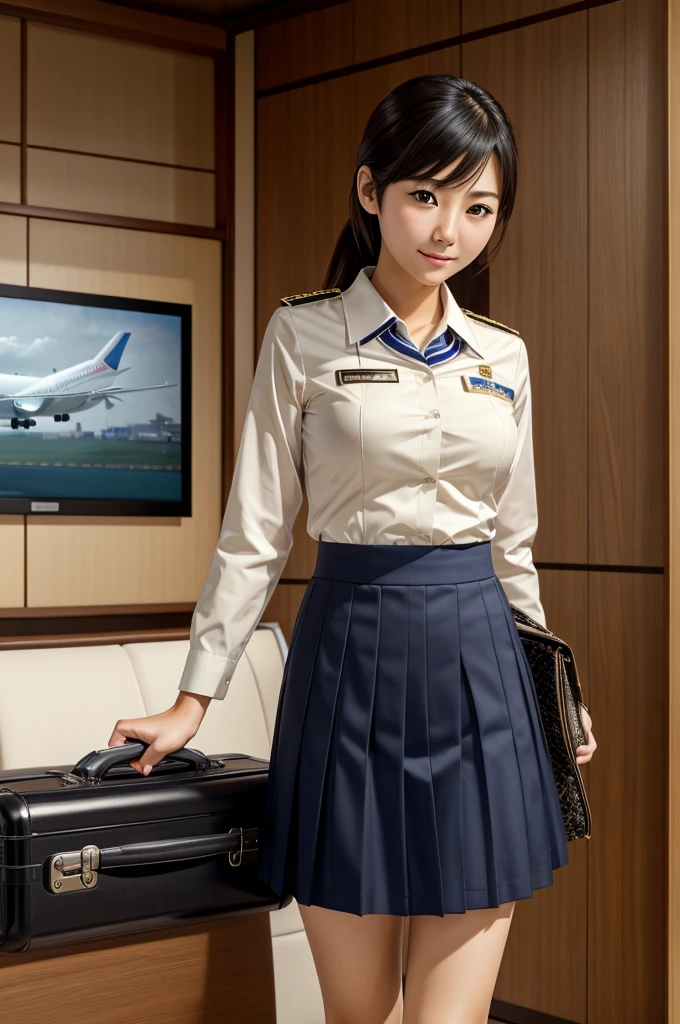 realistic,(ultra quality:1.2),high quality,masterpiece,(ultra detailed:1.4),japanese girl,beautiful face,Cabin attendant, skirt, uniform, airport, Japanese, suitcase.