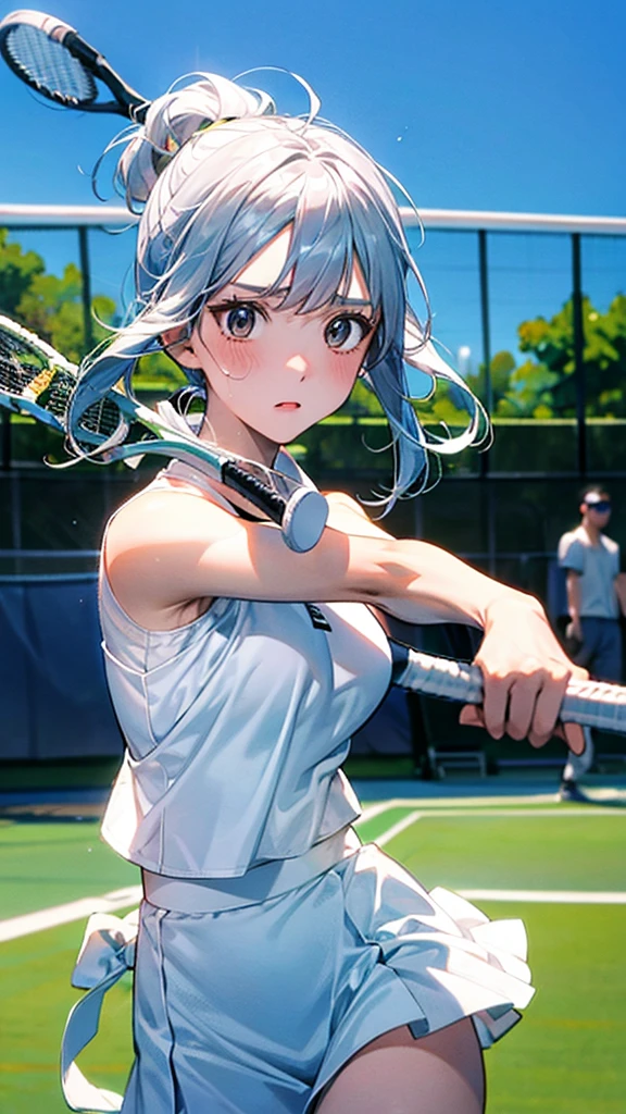 "Describe a woman in a white tennis outfit, swinging a tennis racket with a determined expression on her face as she hits the ball back on a green tennis court under a clear blue sky. Her movements are powerful, and there are stands with spectators in the background."
