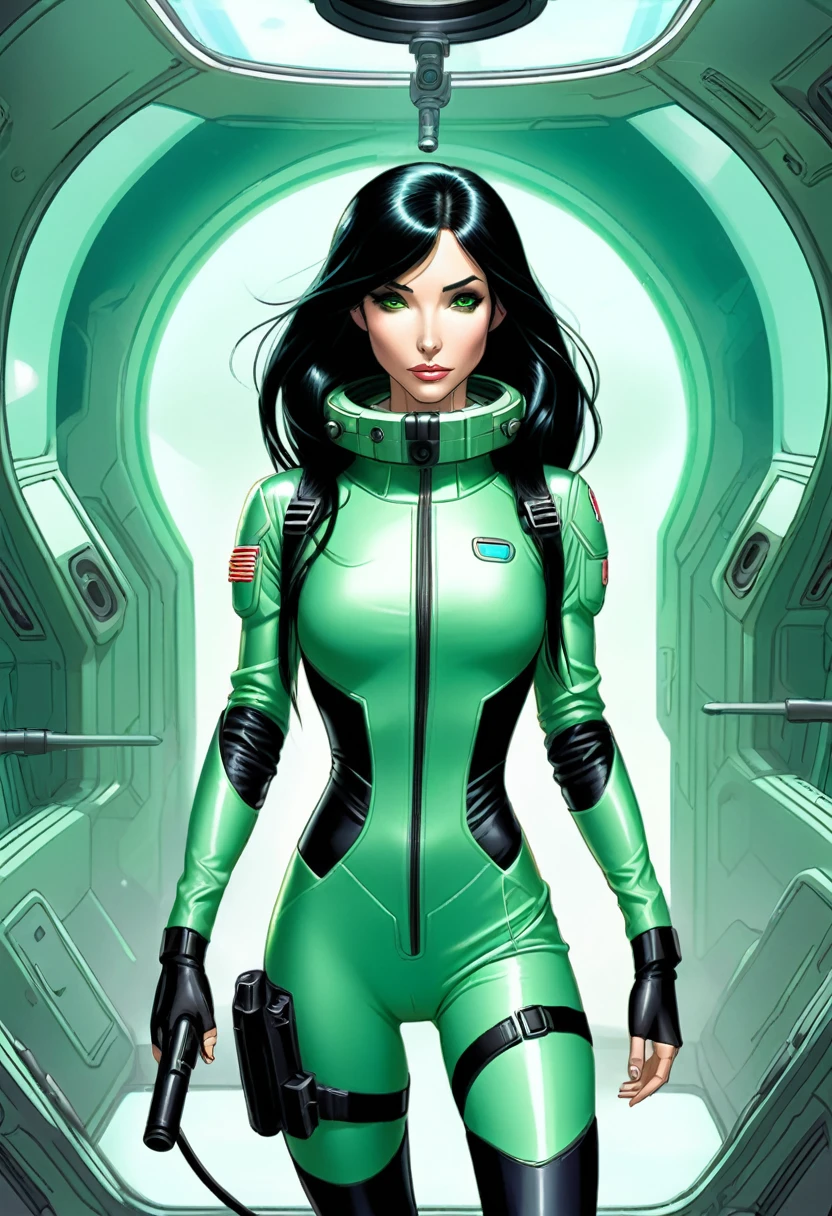 cartoon thin woman, long neck, long black hair, pale green skin, wearing a sci-fi diving suit. she is armed with an arm cannon