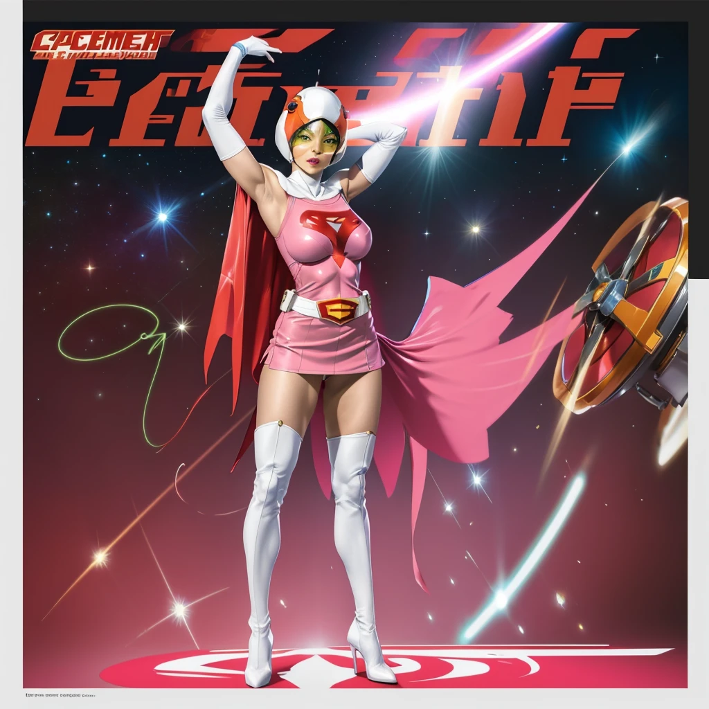 ANI_CLASSIC_jun_gatchaman_ownwaifu,1girl, ,good anatomy, masterpiece, best quality,realistic, hyperrealistic, 16k hdr,breasts,green eyes,lips,large breasts,lipstick,makeup,gloves,cape,helmet,belt,elbow gloves,white gloves,mask,ultra miniskirt,leotard,spacesuit,white tight overknee highheels boots,pink dress,superhero,bodysuit,cleavage,erected nipples,((standing pose,spread legs, arms up straight)),cameltoe